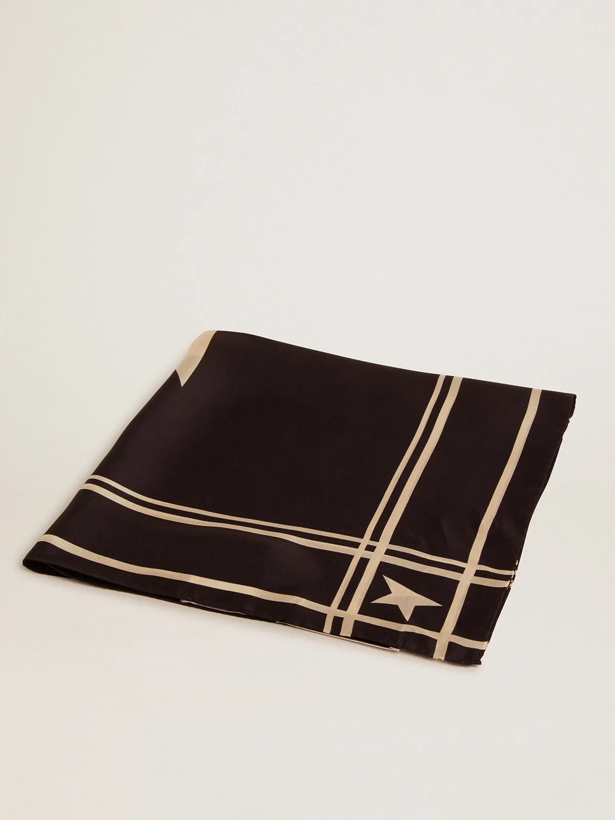 Black Silk Scarf with Stripes and White Star Accents | Golden Goose