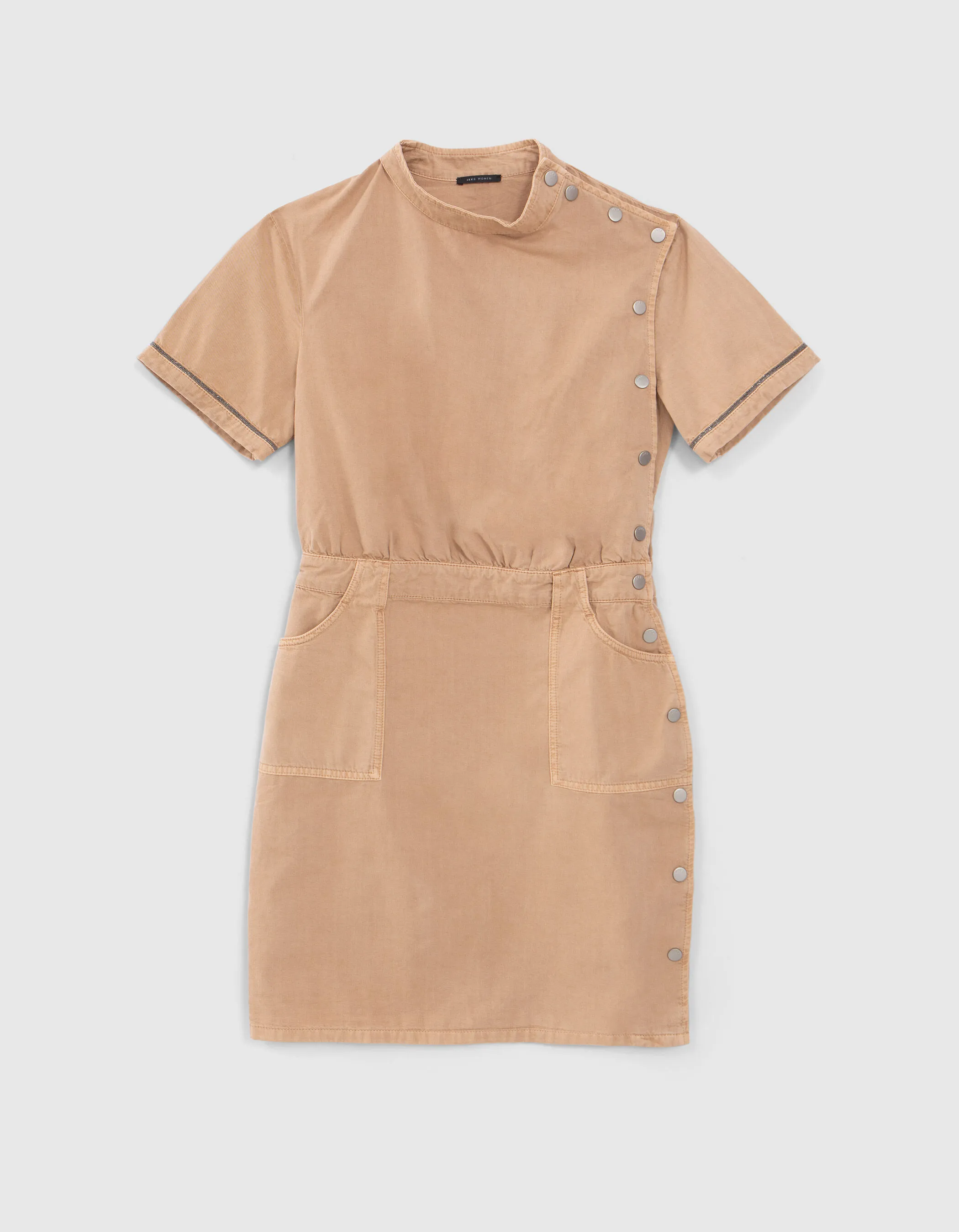 Camel Denim Dress with Side Snaps and Jewel Trim for Women.