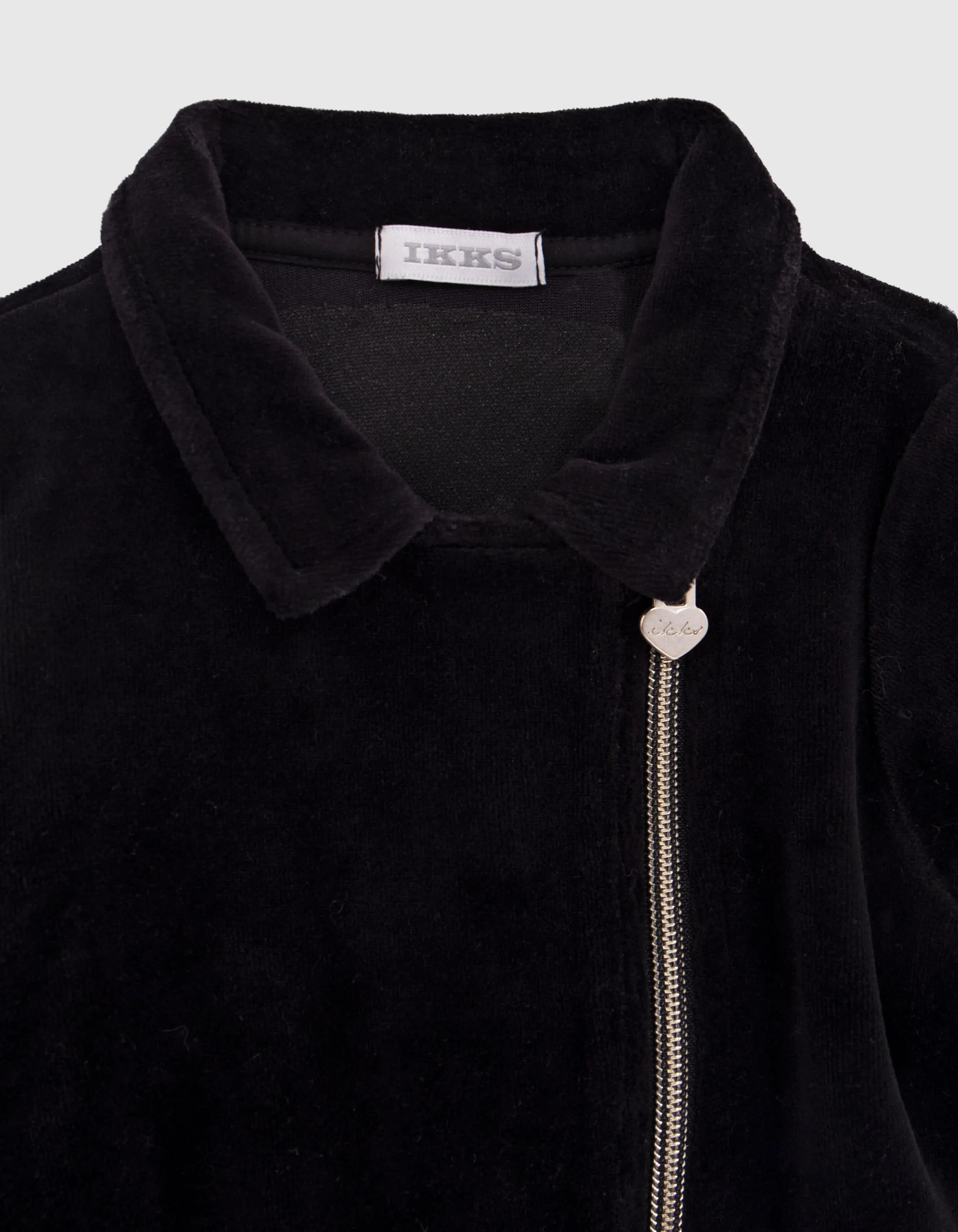 Black biker style cardigan with velvet trim for girls.