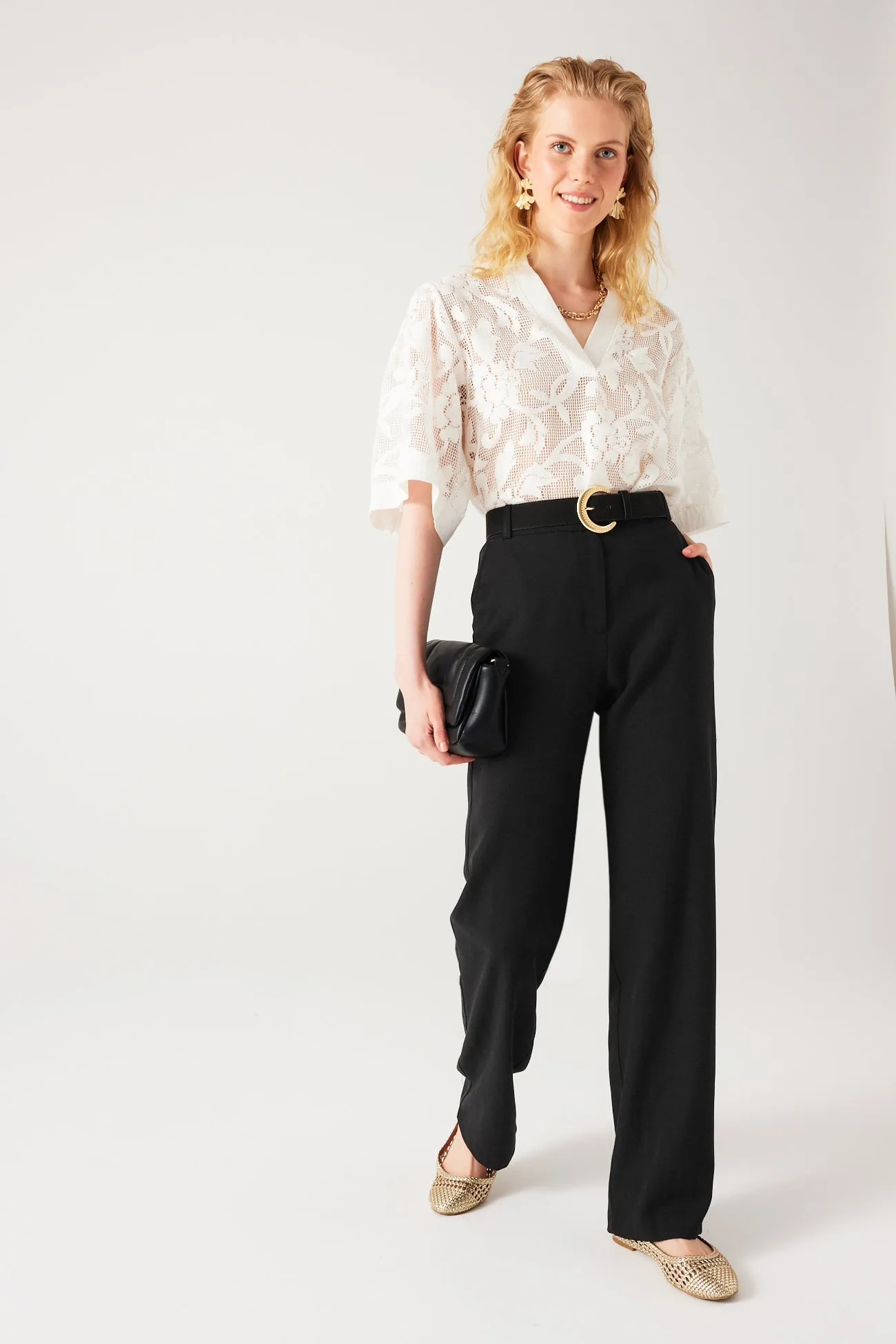 High-Waisted Straight Leg Pants - Black