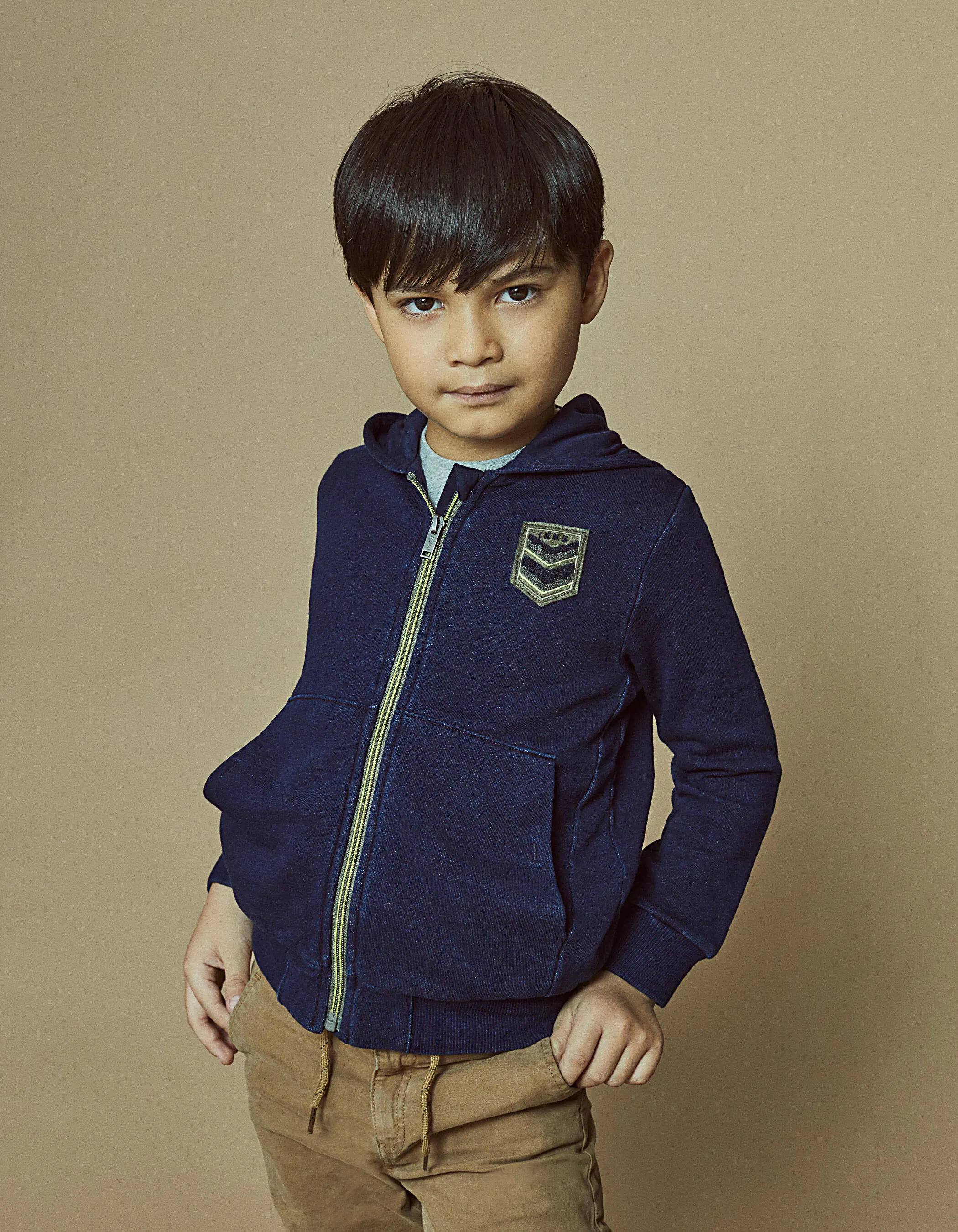 Indigo Cardigan for Boys with Army Patch and Bouclé Texture.