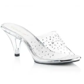 Transparent rhinestone mule with low clear heel
