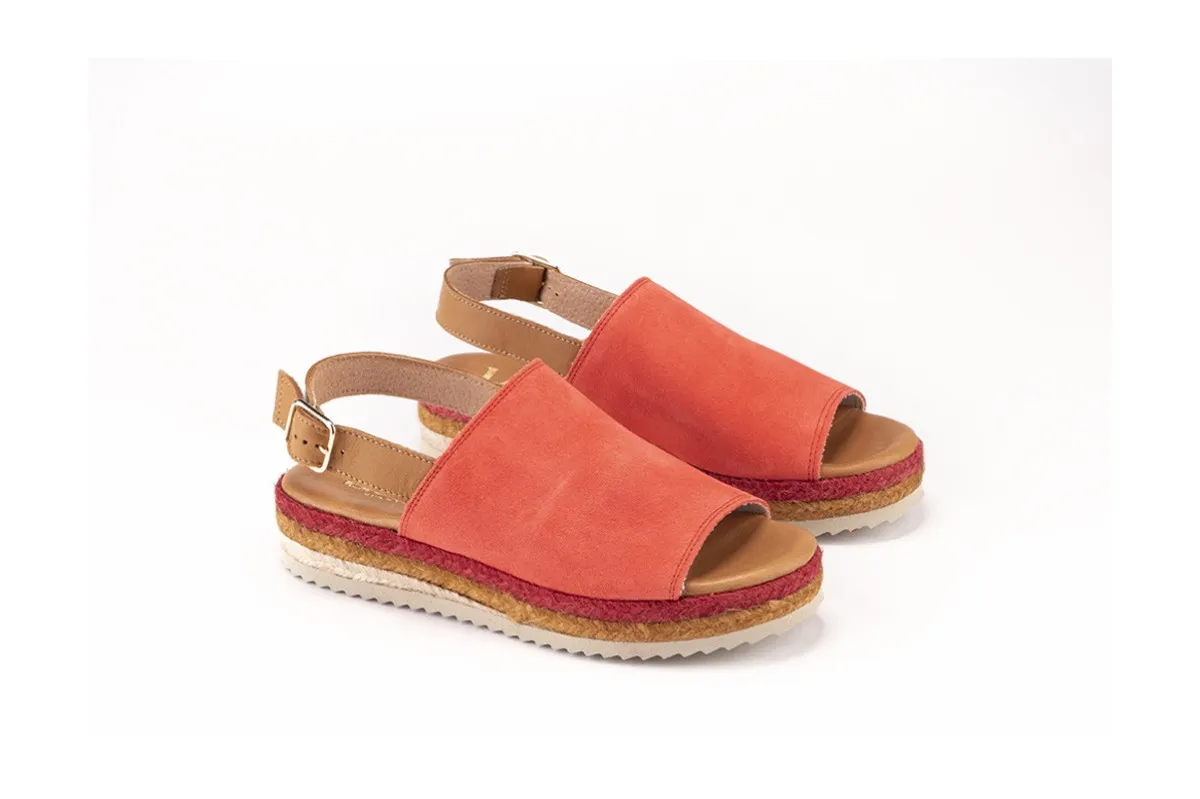 Coral Tricolor Suede and Raffia Flat Sandals