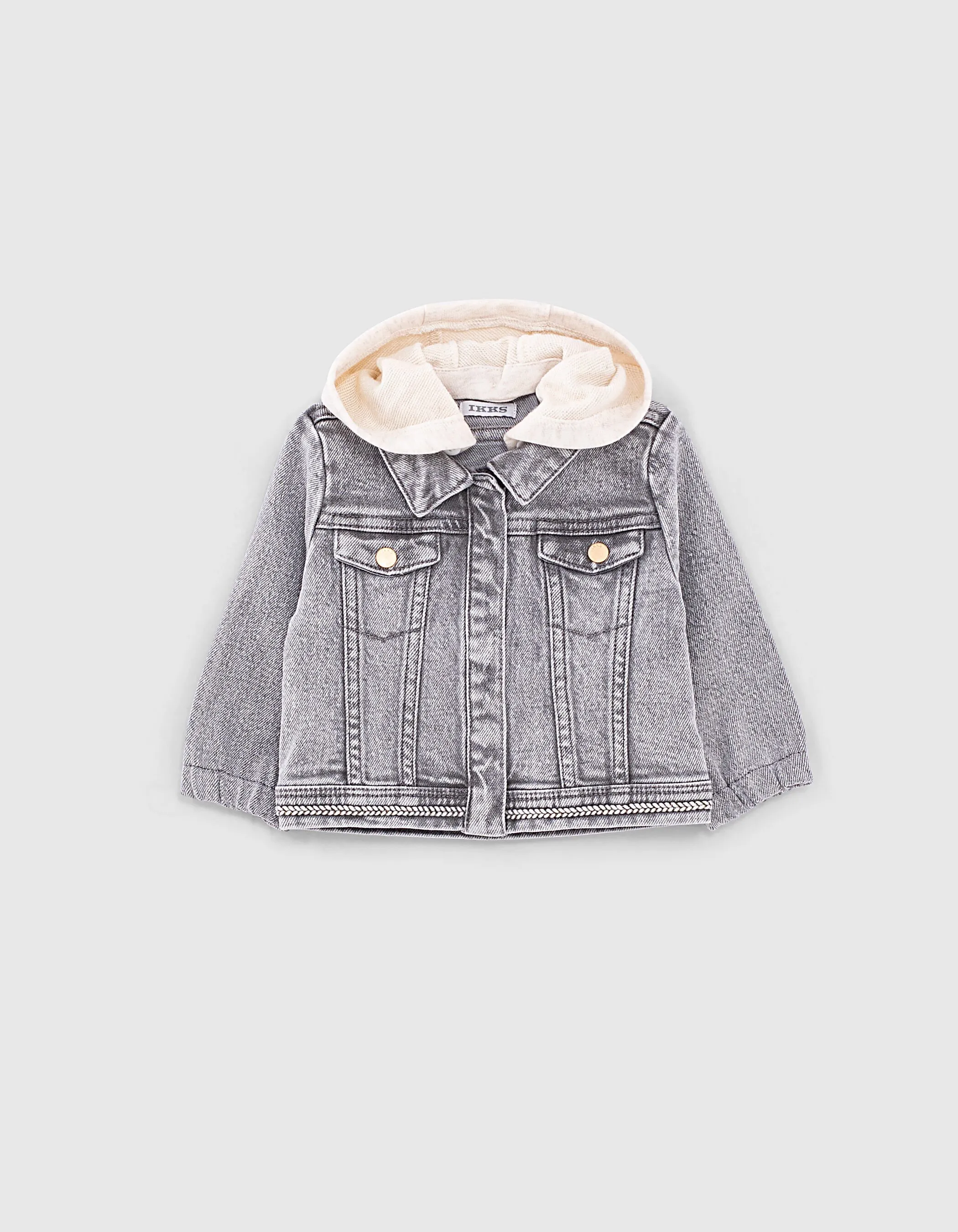 Organic light grey denim jacket with ethnic trim for baby girl