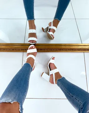 White strappy stacked sandals